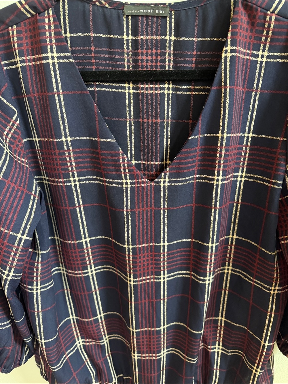 West Kei Navy Blue Plaid V-Neck Blouse with Red and Cream Lines